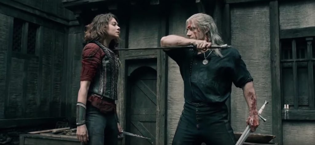 Geralt (Henry Cavill) fights Renfri (Emma Appleton)