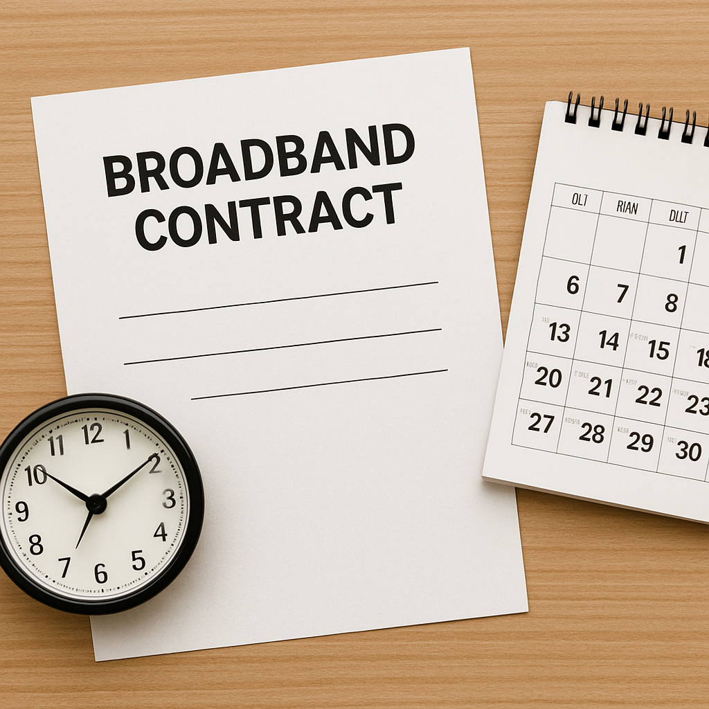 Image of broadband contract with a calendar and clock