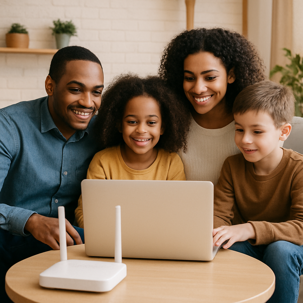 Family using broadband at home