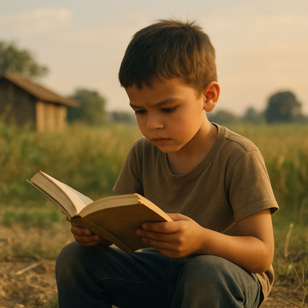 A simple, hopeful photo of a child in a rural setting reading a physical book with intense focus