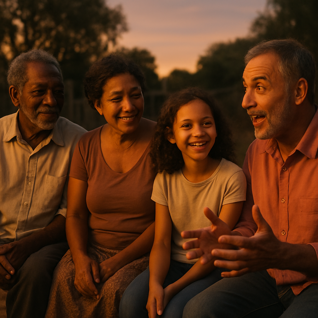 A warm, respectful photo of a multi-generational group of people sitting together outdoors at dusk, with one person animatedly telling a story. Image should convey community and engagement, not poverty