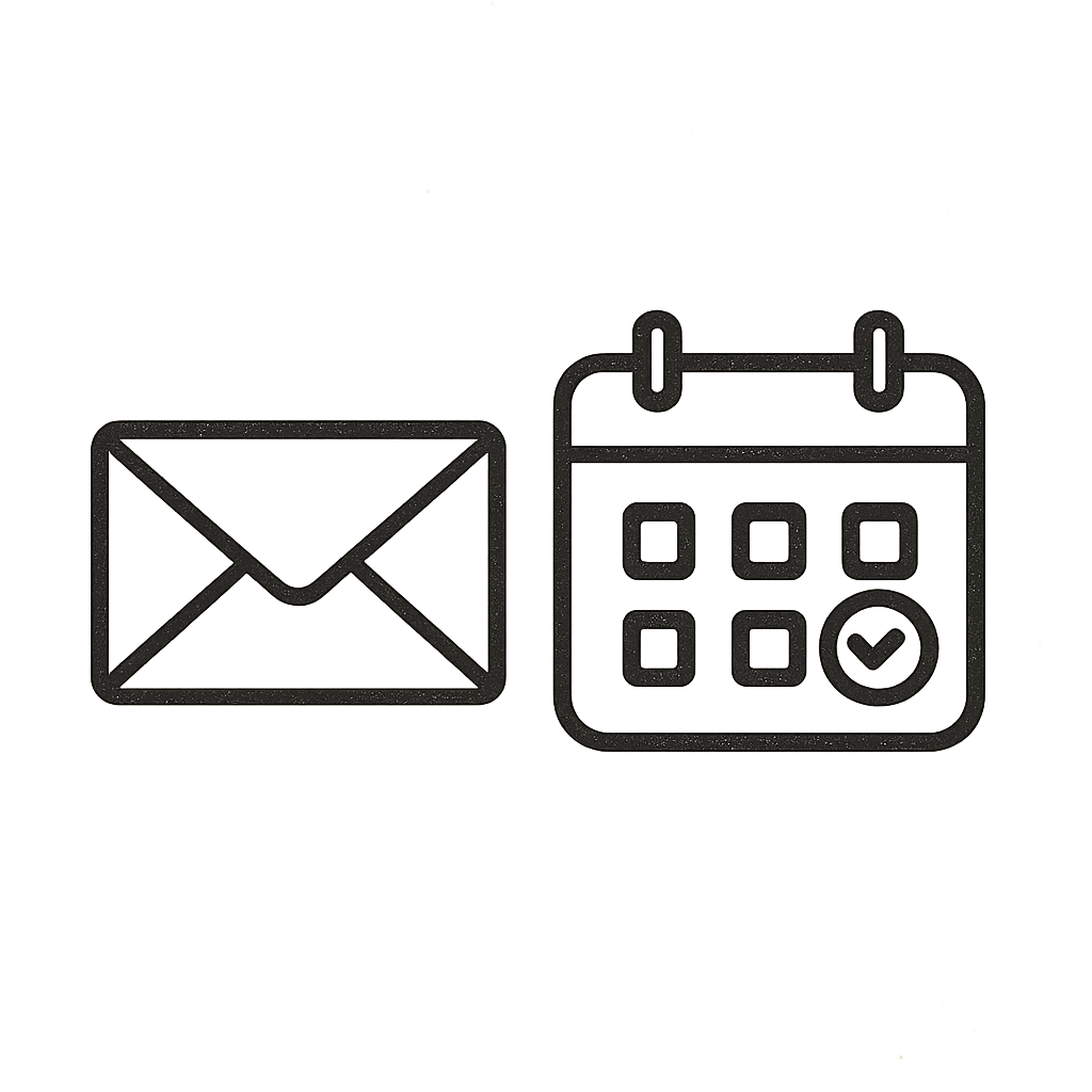 A simple graphic of an email or letter icon next to a calendar icon with a date circled