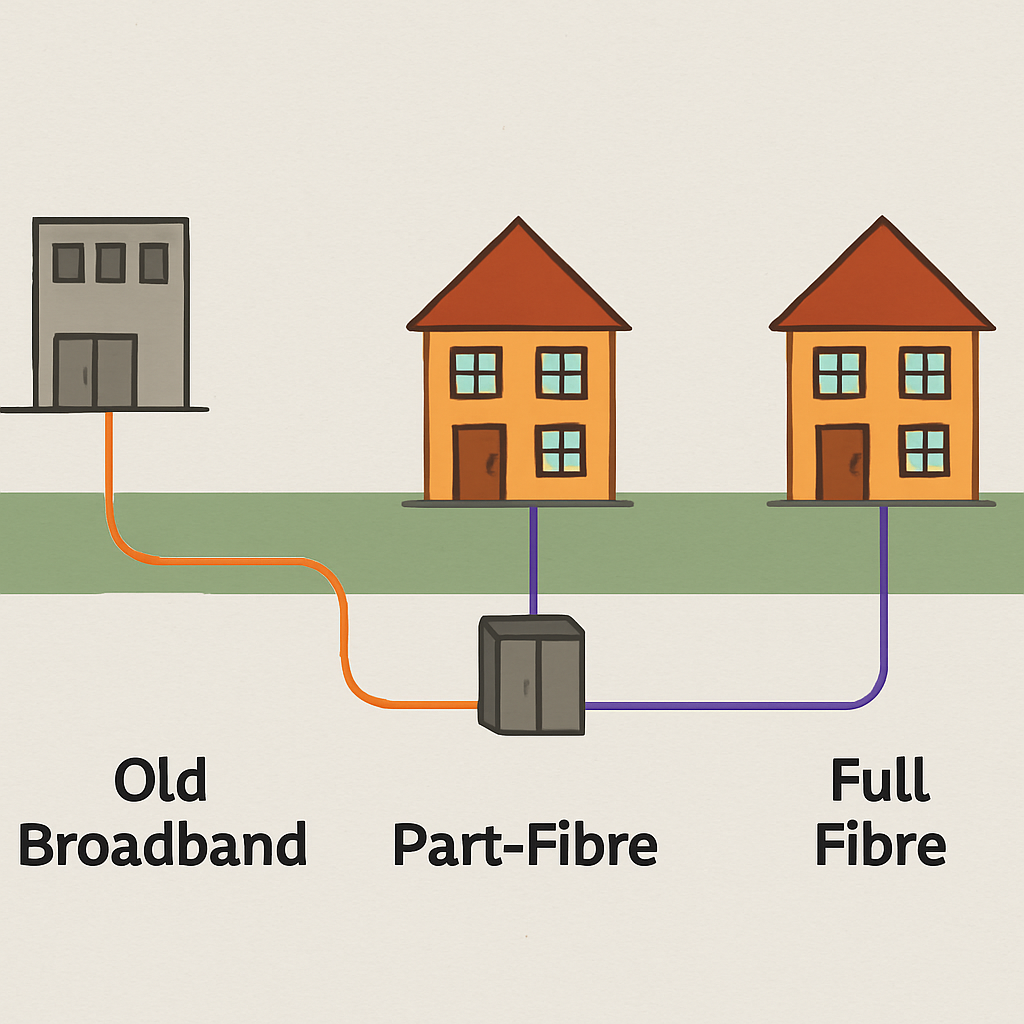A simple side-by-side comparison of three houses. House 1 has a single copper line from a distant exchange. House 2 has a fibre line to a street cabinet, then a copper line to the house. House 3 has an uninterrupted fibre line running directly into the house. Image is labelled "Old Broadband", "Part-Fibre", and "Full Fibre"