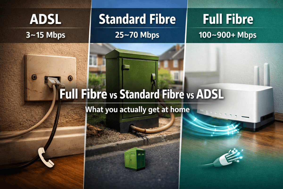 Full Fibre vs Standard Fibre vs ADSL (What You Actually Get at Home)