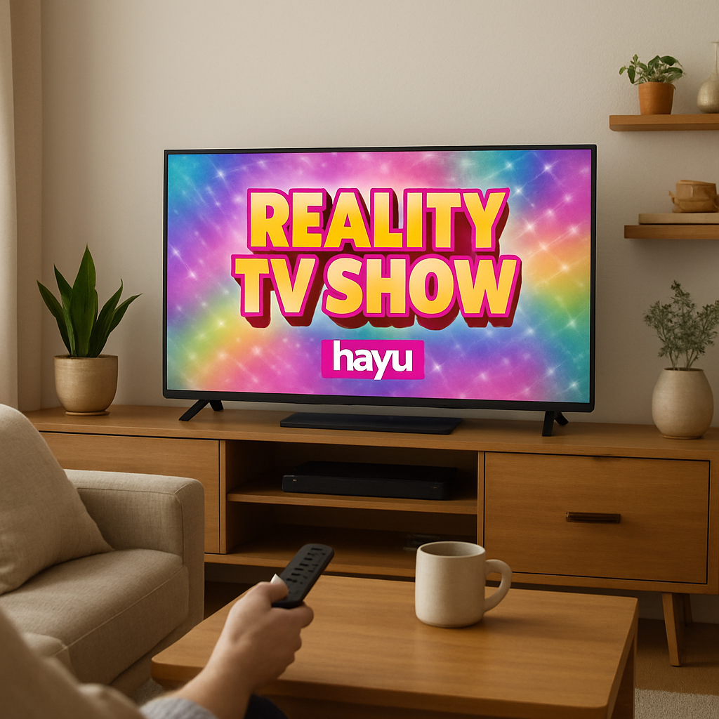 A lifestyle shot of a living room where a TV displays a colorful reality TV show logo from the Hayu lineup.