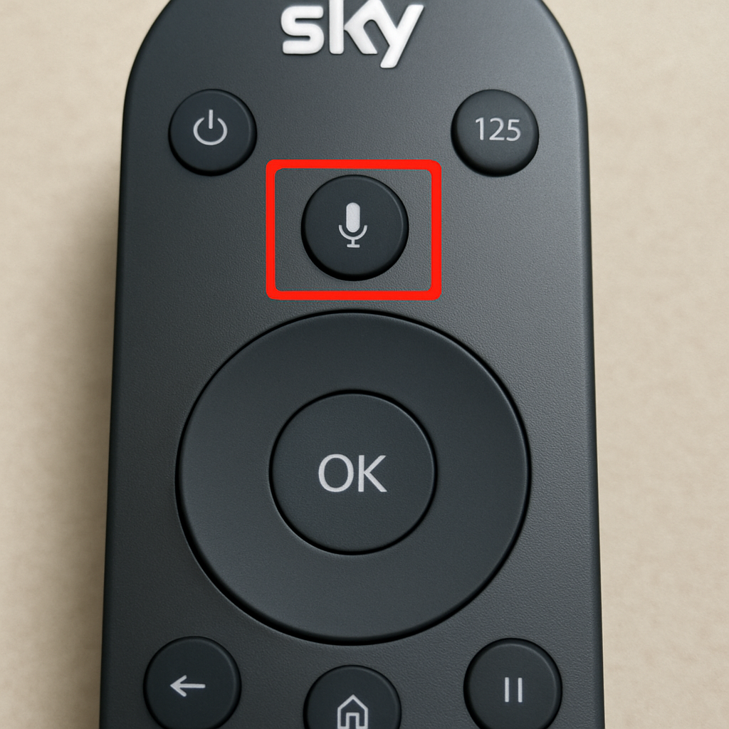 A close-up of a Sky remote with the voice command button highlighted.