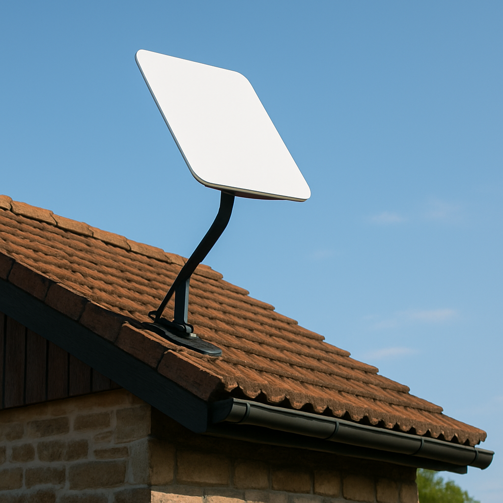 A simple, clear photo of a modern satellite dish (like a Starlink dish) mounted on the roof of a rural house, with a clear sky in the background