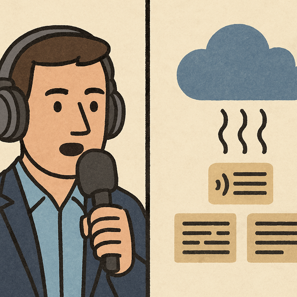 A simple split-screen illustration: on one side, a commentator speaking into a microphone; on the other, a digital cloud icon processing the sound into text blocks.