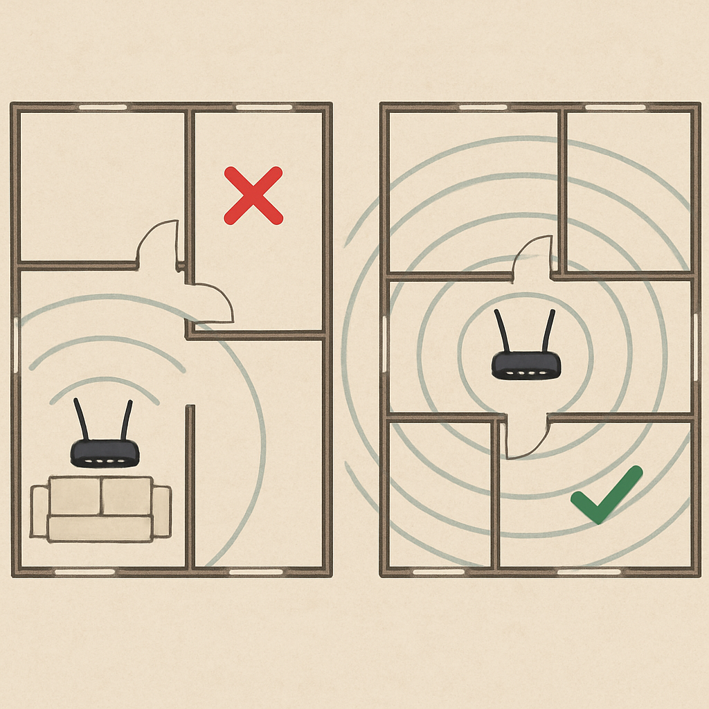 A top-down view of a house showing a router in a corner blocked by a sofa vs a router in the center of the hallway.