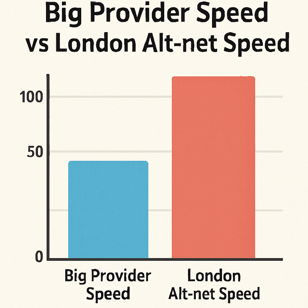 A simple infographic bar chart comparing 'Big Provider Speed' vs 'London Alt-net Speed'.