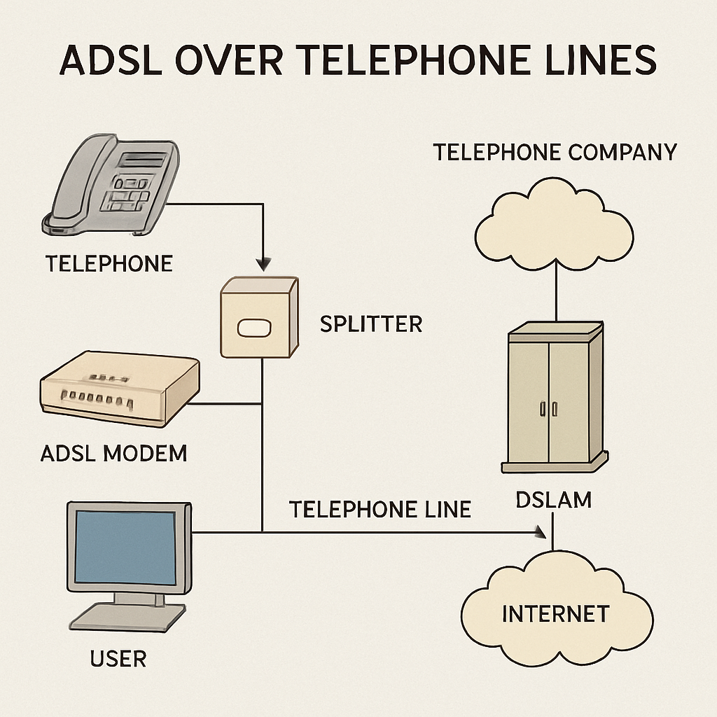 Diagram showing how ADSL works over telephone lines
