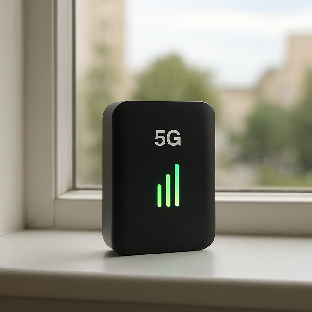A sleek 5G hub sitting on a window sill with a clear 'signal strength' indicator.