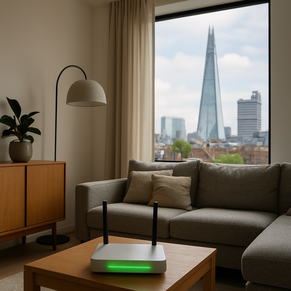 A high-quality photo of a modern London living room with a router glowing green, subtly overlooking the Shard through the window.