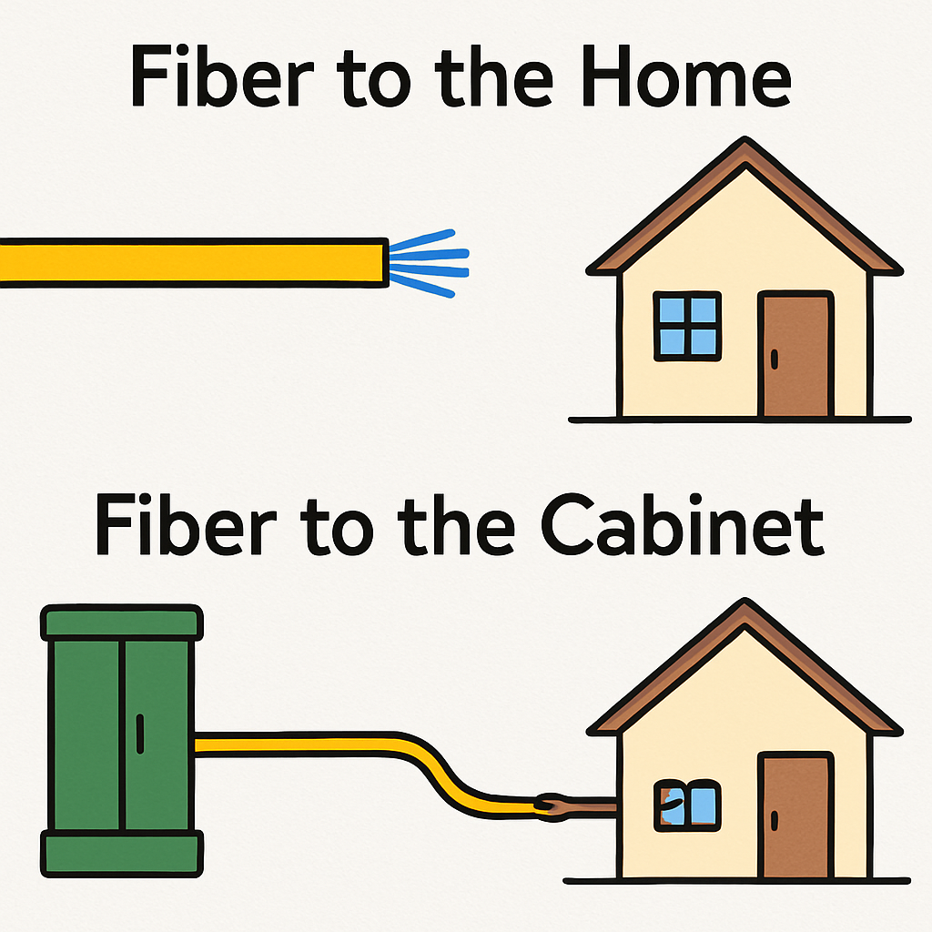 A simple illustration showing a fibre optic cable going all the way to a house vs a fibre cable stopping at a green street cabinet with a copper wire finishing the trip.