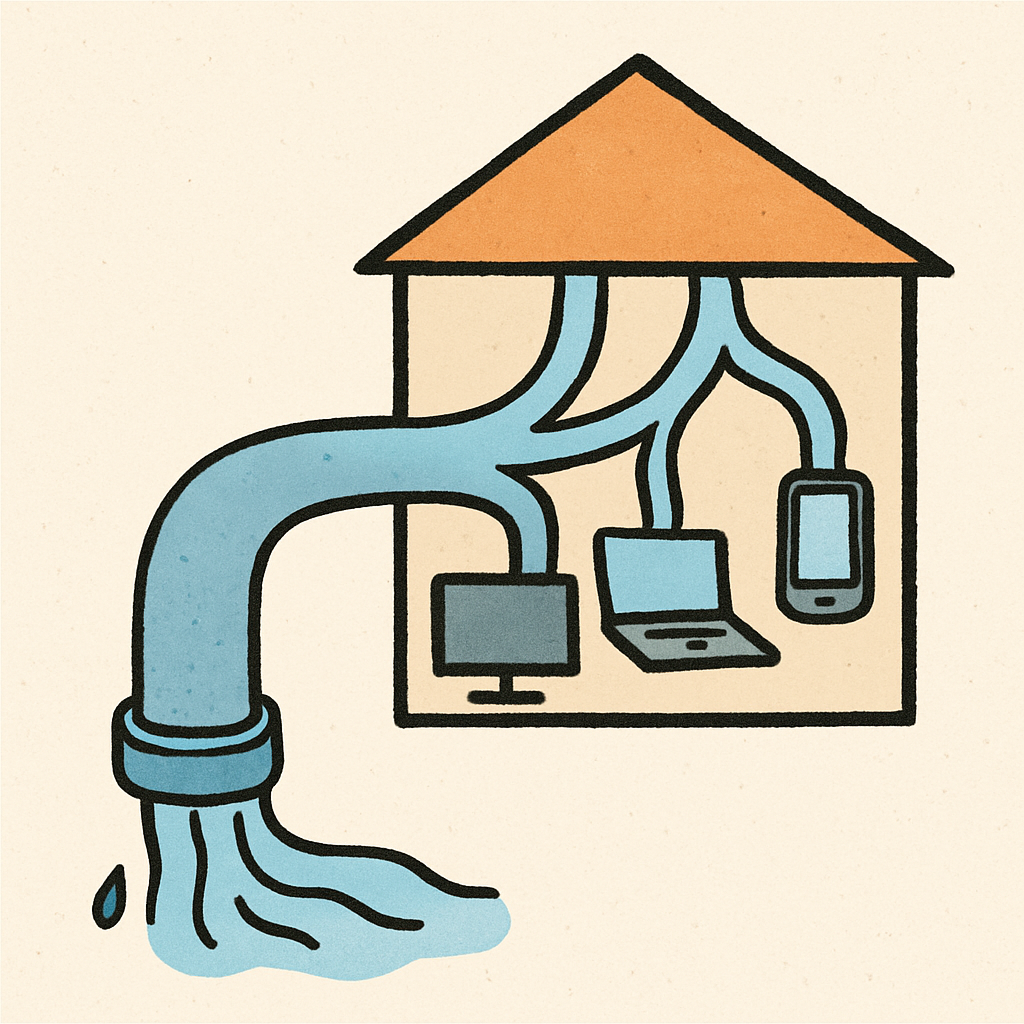 A simple illustration of a wide water pipe entering a house, splitting into smaller streams for a TV, a laptop, and a phone.