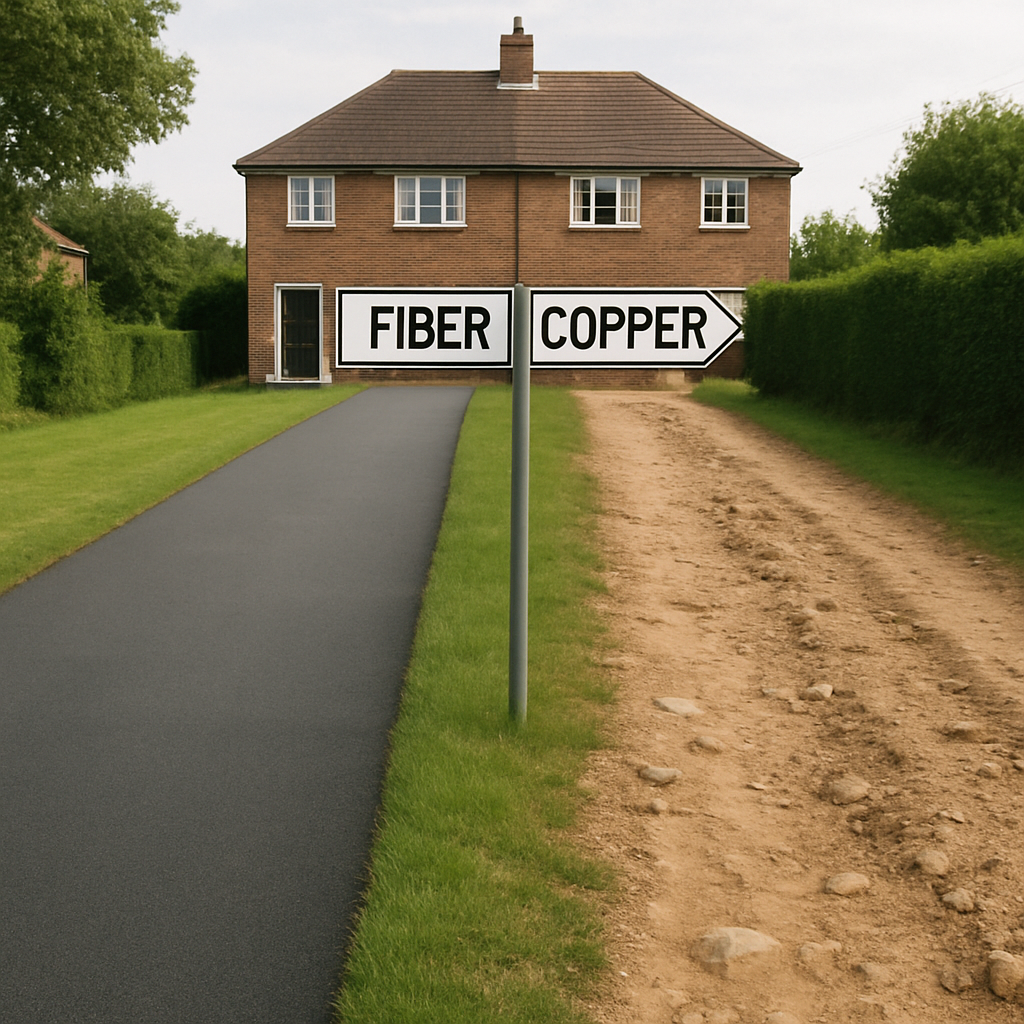 A visual comparison of a smooth paved road (fibre) next to a bumpy dirt track (copper) leading to a UK semi-detached house.