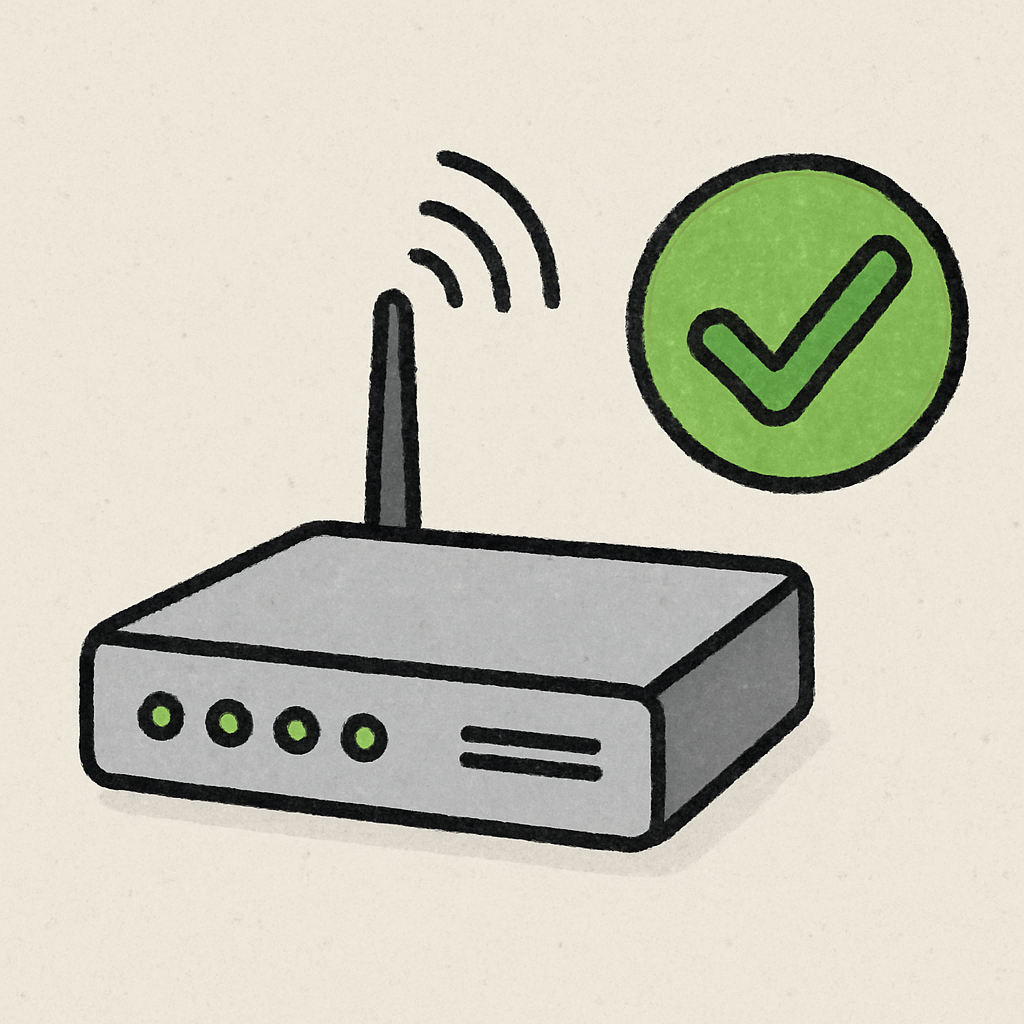 A simple illustration of a checkmark next to a high-speed router.