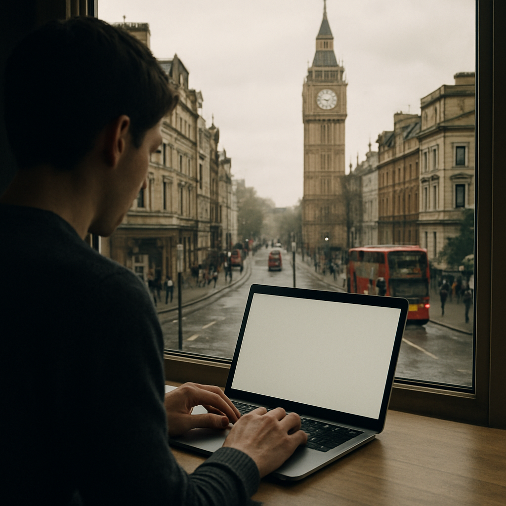 A person working on a laptop near a window overlooking a London street.
