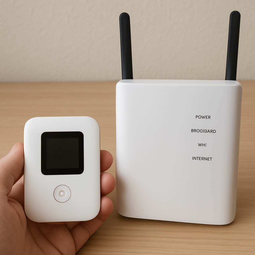 A photograph showing a small handheld MiFi device next to a larger plug-in home router for size comparison.