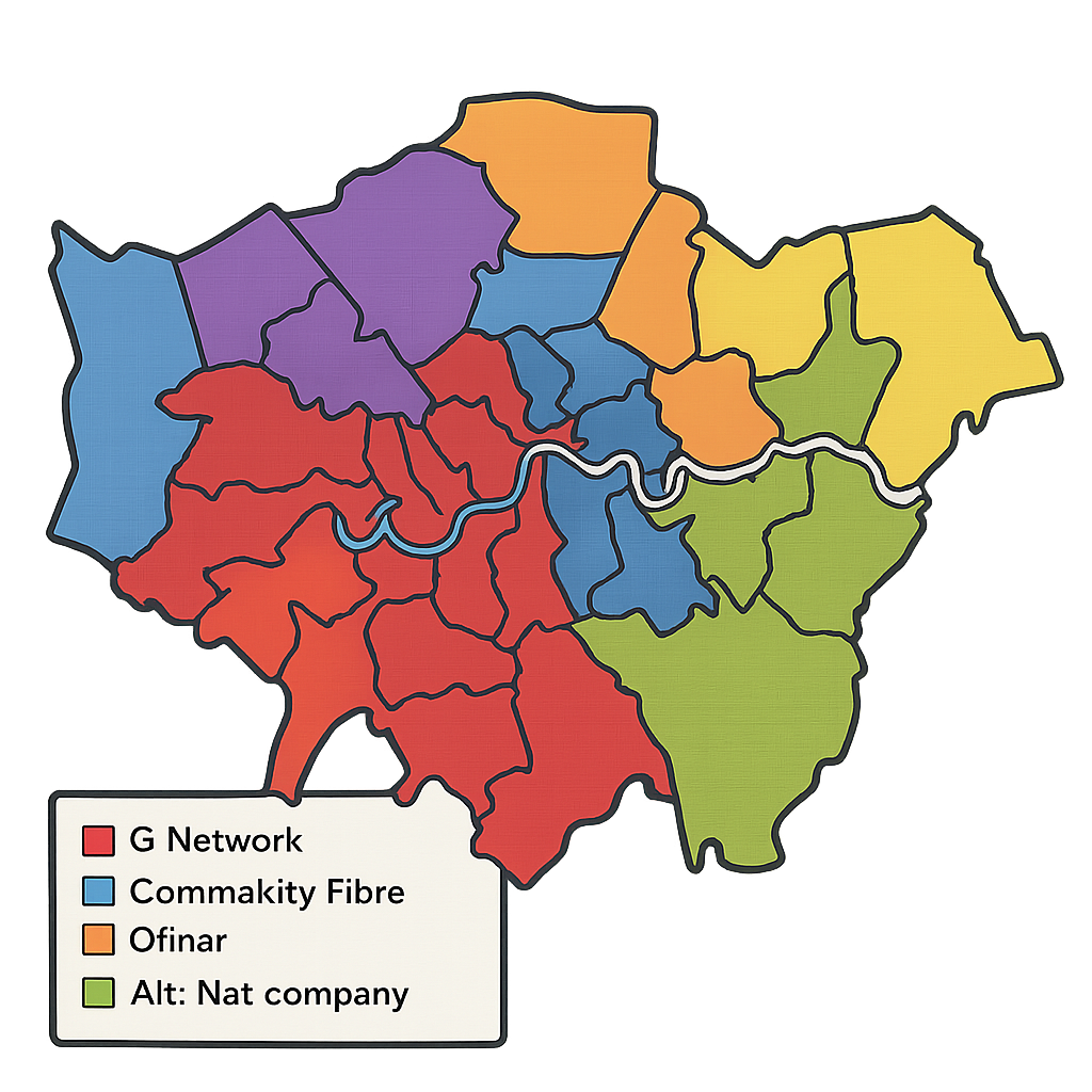 A clean, colourful map graphic showing Greater London with distinct zones representing different Alt-Net coverage areas like G.Network and Community Fibre.